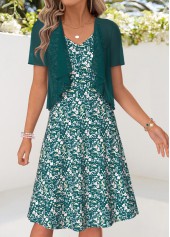 Blackish Green Floral Print Two-piece Dress and Cardigan