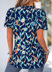 Navy Leaf Print Frill Short Sleeve V Neck Blouse | thumb picture 