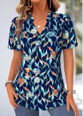 Navy Leaf Print Frill Short Sleeve V Neck Blouse