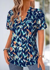 Navy Leaf Print Frill Short Sleeve V Neck Blouse | thumb picture 