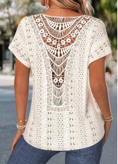 Beige Patchwork Short Sleeve V Neck T Shirt