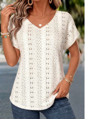 Beige Patchwork Short Sleeve V Neck T Shirt | thumb picture 