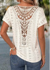 Beige Patchwork Short Sleeve V Neck T Shirt | thumb picture 