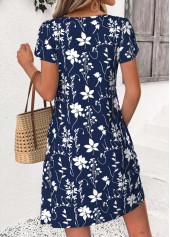 Navy Leaf Print Short Patchwork Asymmetrical Neck Dress | thumb picture 