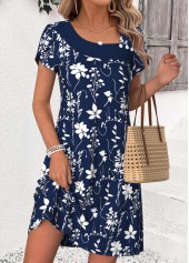 Navy Leaf Print Short Patchwork Asymmetrical Neck Dress | thumb picture 