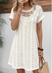 Beige Short Patchwork Round Neck Dress