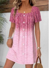 Pink Floral Print Short Tummy Coverage Square Neck Dress