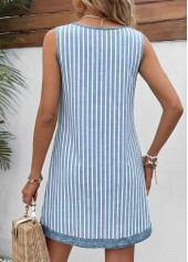 Light Blue Striped Short Patchwork Sleeveless Split Neck Dress | thumb picture 