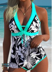 Black Mid Waisted Patchwork Leaf Print Tankini Set
