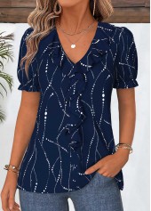 Navy Geometric Print Ruffle Short Sleeve V Neck Blouse