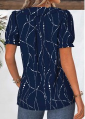 Navy Geometric Print Ruffle Short Sleeve V Neck Blouse | thumb picture 