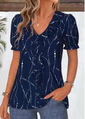 Navy Geometric Print Ruffle Short Sleeve V Neck Blouse | thumb picture 