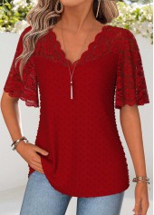 Red Patchwork Half Sleeve V Neck T Shirt