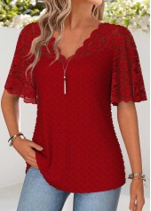 Red Patchwork Half Sleeve V Neck T Shirt | thumb picture 
