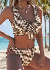 Dark Coffee Mid Waisted Scalloped Hem Plaid Bikini Set