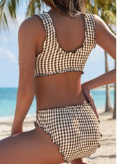 Dark Coffee Mid Waisted Scalloped Hem Plaid Bikini Set | thumb picture 
