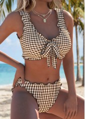 Dark Coffee Mid Waisted Scalloped Hem Plaid Bikini Set | thumb picture 