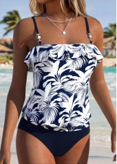 Navy Mid Waisted Ruffle Tropical Plants Print Tankini Set