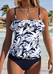 Navy Mid Waisted Ruffle Tropical Plants Print Tankini Set | thumb picture 