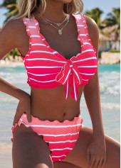 Peach Red Mid Waisted Bowknot Striped Bikini Set