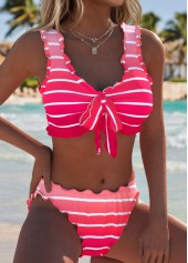 Peach Red Mid Waisted Bowknot Striped Bikini Set | thumb picture 
