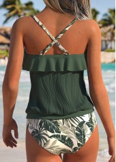 Olive Green Mid Waisted Ruffle Leaf Print Tankini Set | thumb picture 