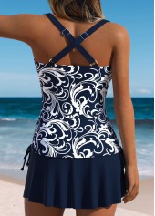 Black Mid Waisted Ruched/shirred Tropical Plants Print Tankini Set | thumb picture 