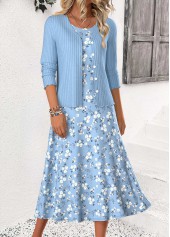 Blue Ditsy Floral Print Dress and Cardigan