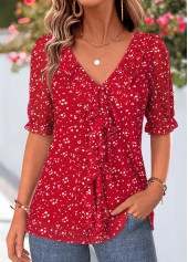 Red Polka Dot Ruffle Half Sleeve V Neck Blouse
