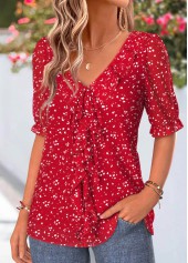 Red Polka Dot Ruffle Half Sleeve V Neck Blouse | thumb picture 