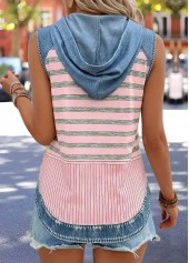 Pink Striped Patchwork Sleeveless Hooded Tank Top | thumb picture 