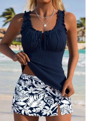 Navy Mid Waisted Frill Leaf Print Tankini Set
