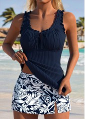 Navy Mid Waisted Frill Leaf Print Tankini Set | thumb picture 