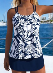 Navy Mid Waisted Lace Up Leaf Print Tankini Set