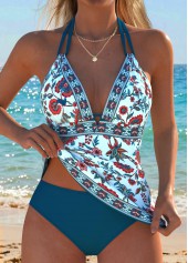 Cyan Mid Waisted Patchwork Random Floral Print Tankini Set