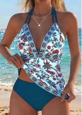 Cyan Mid Waisted Patchwork Random Floral Print Tankini Set | thumb picture 