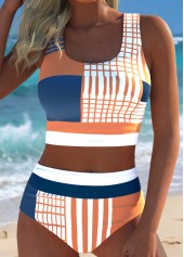 Multi Color Mid Waisted Patchwork Geometric Print Bikini Set