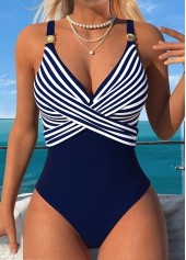 Navy Criss Cross Striped One Piece Swimwear