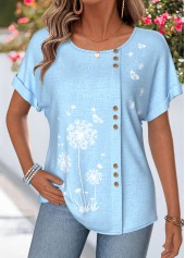 Light Blue Floral Print Tummy Coverage T Shirt