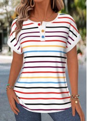 Multi Color Button Short Sleeve Boat Neck T Shirt