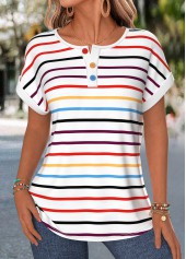 Multi Color Button Short Sleeve Boat Neck T Shirt | thumb picture 