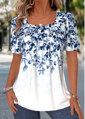 Blue Leaf Print Short Sleeve Square Neck T Shirt