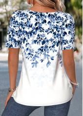 Blue Leaf Print Short Sleeve Square Neck T Shirt | thumb picture 