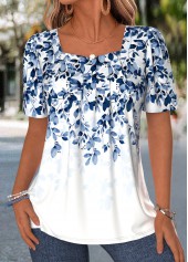 Blue Leaf Print Short Sleeve Square Neck T Shirt | thumb picture 