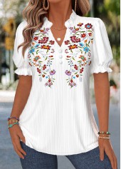 White Floral Print Curved Hem Short Sleeve Blouse