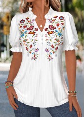 White Floral Print Curved Hem Short Sleeve Blouse | thumb picture 