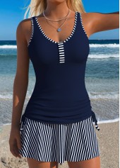 Navy Mid Waisted Ruched Striped Tankini Set