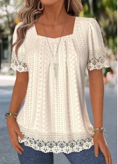 Beige Patchwork Short Sleeve Square Neck T Shirt