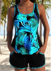 Black Mid Waisted Pocket Tropical Plants Print Tankini Set
