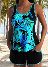 Black Mid Waisted Pocket Tropical Plants Print Tankini Set | thumb picture 